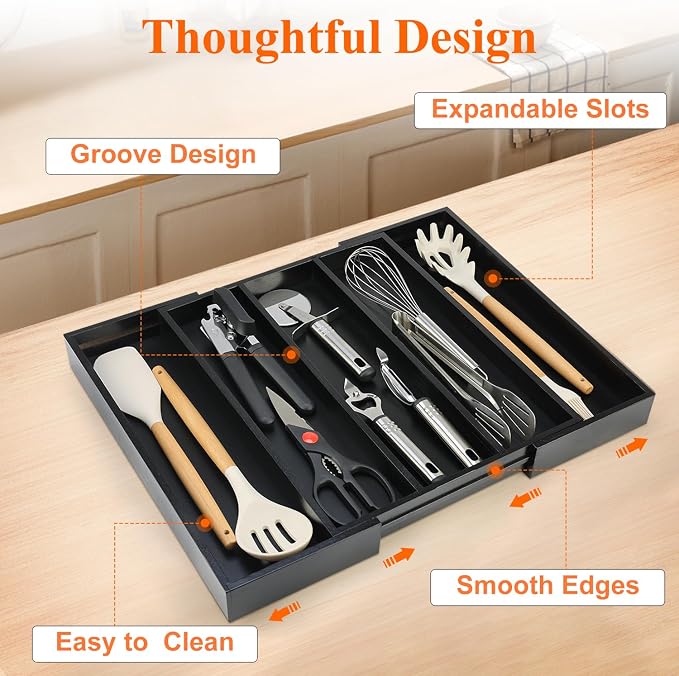 Expandable Large Kitchen Utensil Drawer Organizer Storage Black Bamboo - Image 6