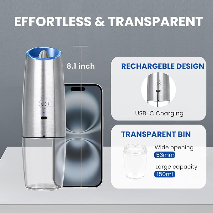 UNNEES Rechargeable Electric Salt and Pepper Grinder, gravity electric salt and - Image 5