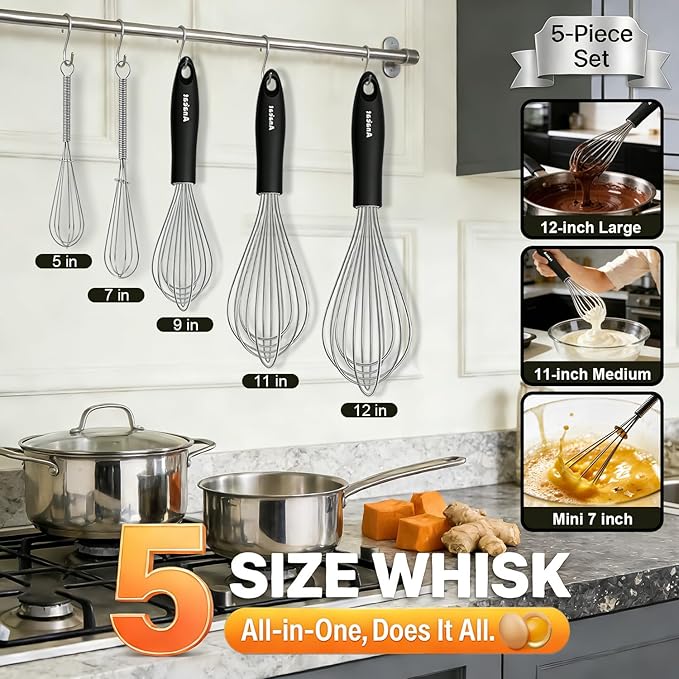 Anaeat Stainless Steel Kitchen Whisk Set of 5, Milk and Egg Beater Blender - Image 6