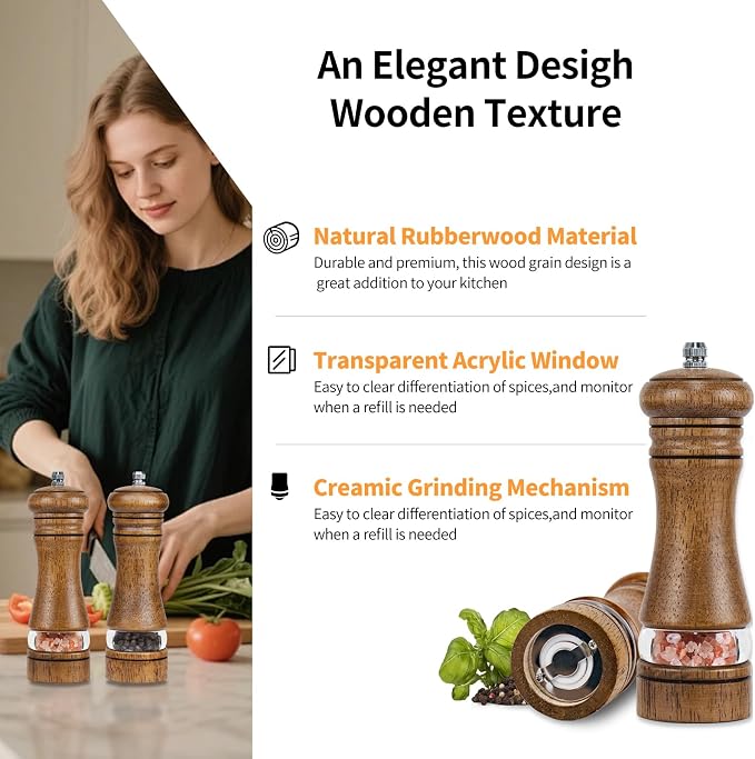 Haomacro Wood Salt and Pepper Grinder Mills Set, Classic Manual Pepper Grinder - Image 4