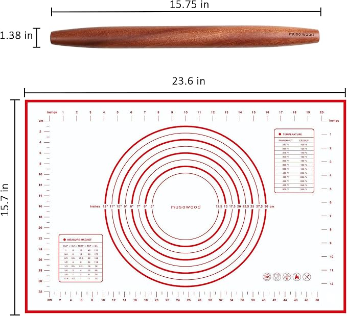 Muso Wood French Rolling Pin and Silicone Baking Mat Set, Sapele Wooden Rolling - Image 2