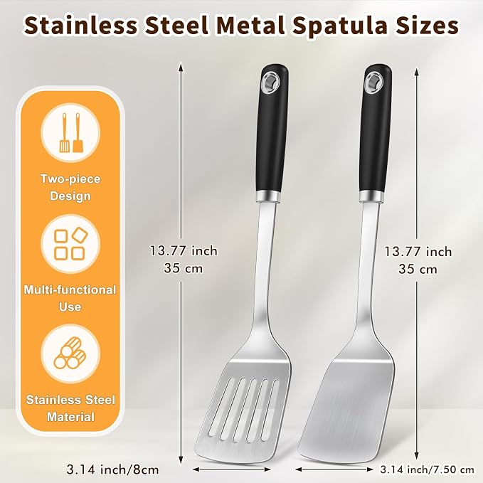 2 Pcs Silicone Stainless Steel Spatulas Set, Metal Spatula Solid & Slotted - Image 6
