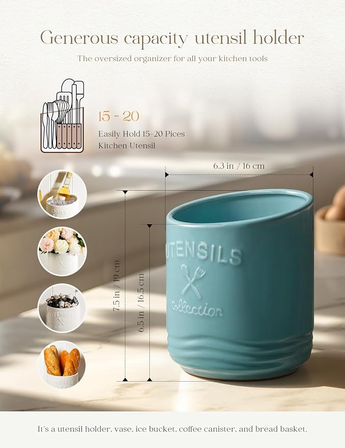 AISBUGUR Large Ceramic Utensil Holder 7.5" H×6.3" W - Image 3