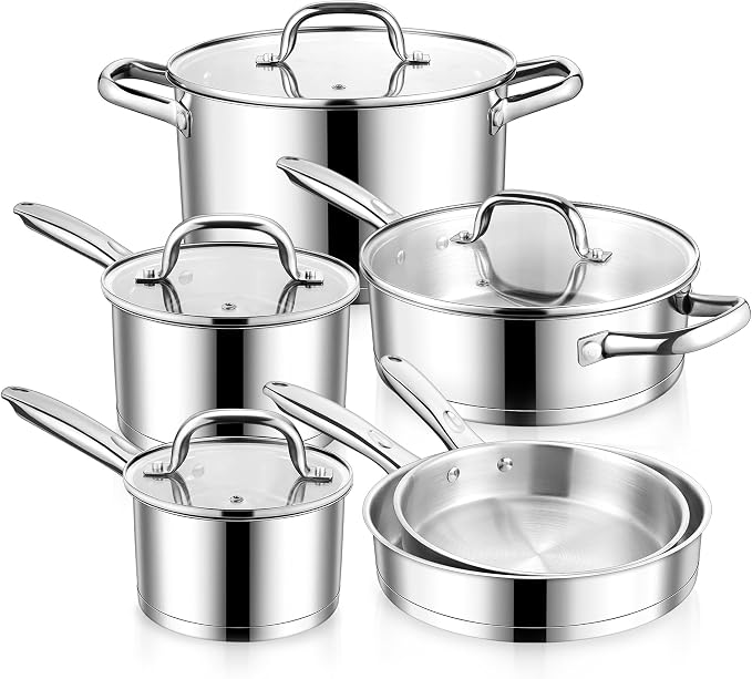 E-far 10-Piece Stainless Steel Cookware Set, Induction Pots and Pans Set by E-far