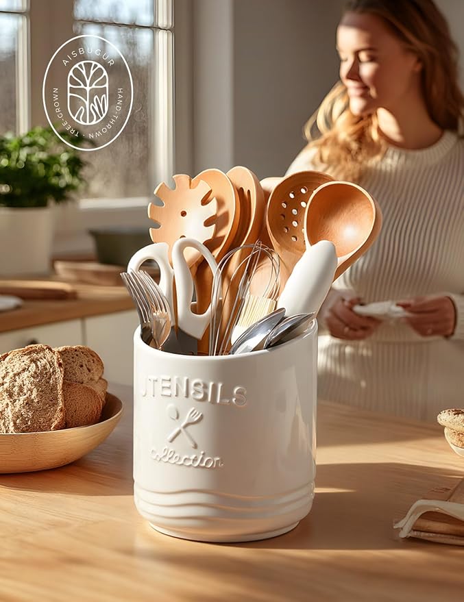 AISBUGUR Large Ceramic Utensil Holder: 7.5" H×6.3" W - Image 5