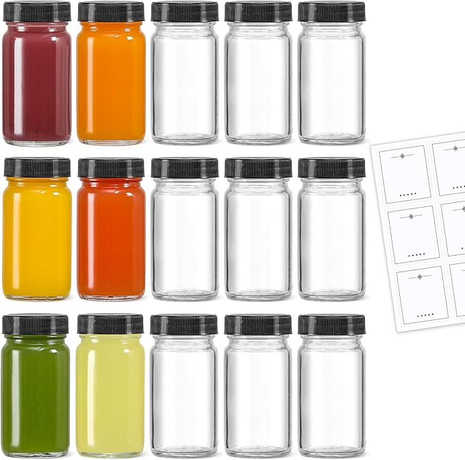 LANDNEOO 15 Pack 2 oz Glass Shot Mini Bottles w/Black Lids & 15 Labels by MakeLifeBetterEasier