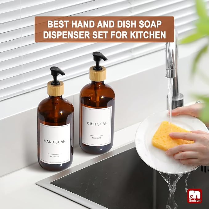 GMISUN Amber Glass Soap Dispenser, 2 Pack Bathroom Hand Soap Dispensers - Image 5