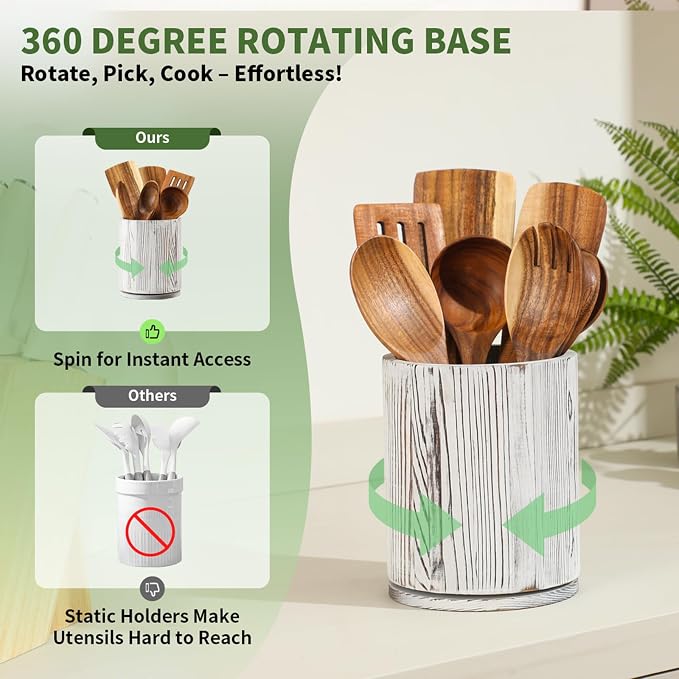 Wooden Utensil Holder, 360°Rotating 7.3'' Large Utensil Holder - Image 3