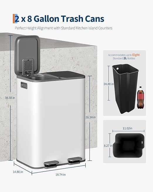 GarveeHome 2 x 8 gal Stainless Steel Double Trash Can - Image 6