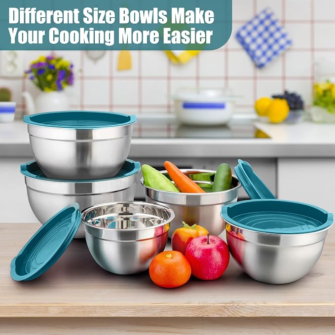 P&P CHEF Mixing Bowls with Airtight Lids Set of 5, 10-Piece Stainless Steel - Image 2