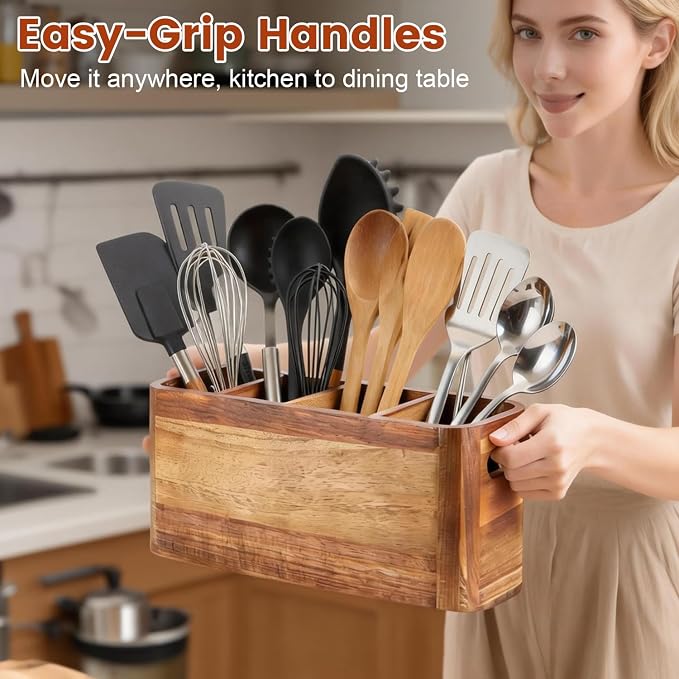 Kitchen Utensil Holder for Counter or Countertop, Large Wooden Utensil Holder - Image 5