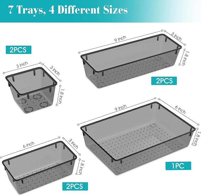 StorMiracle 7 PCS Clear Plastic Drawer Organizers Set, 4 Size Desk Drawer - Image 2