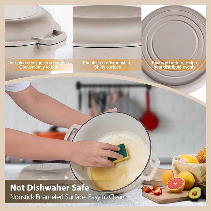 TeamFar 5 Quart Dutch Oven, 2 In 1 Enameled Cast Iron Dutch Oven Pot Cookware - Image 5