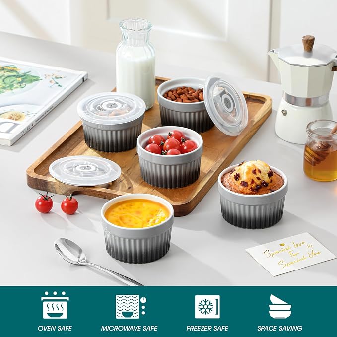vancasso 6 oz Ramekins with Lid, Porcelain Creme Brulee Souffle Dishes - Image 4