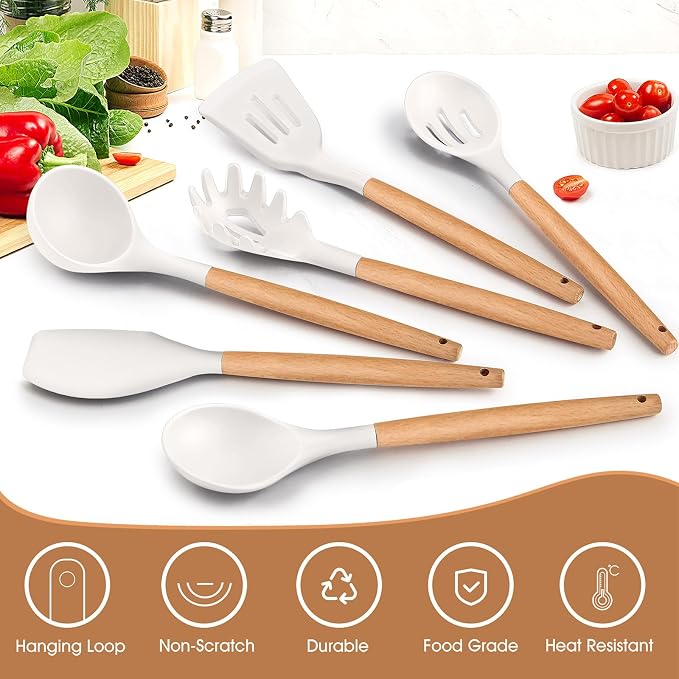 E-far White Cooking Utensils Set of 6, Silicone Kitchen Utensils - Image 3
