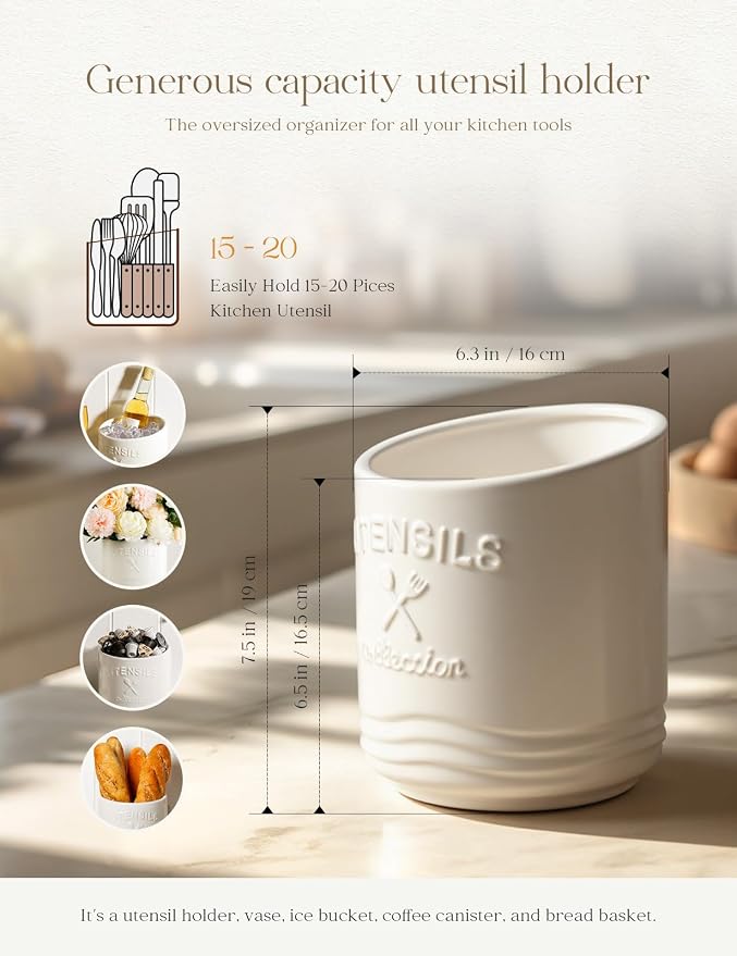 AISBUGUR Large Ceramic Utensil Holder: 7.5" H×6.3" W - Image 3