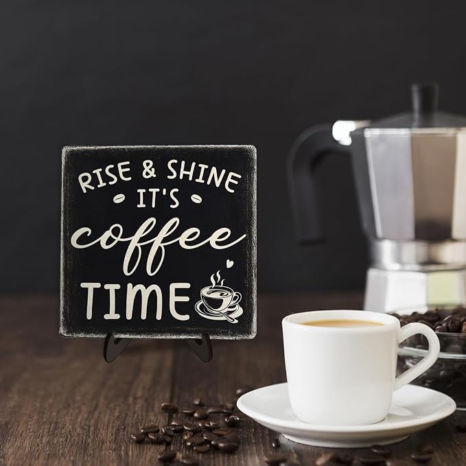 Farmhouse Coffee Bar Sign, Rise & Shine It's Coffee Time Desk Wooden Sign - Image 5