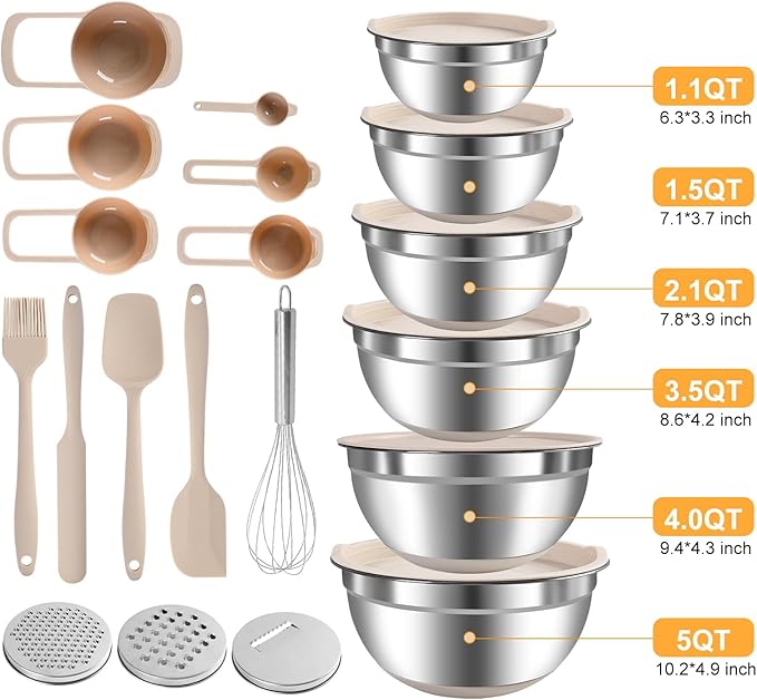 Mixing Bowls with Airtight Lids Set, 6 Stainless Steel Bowls, 3 Grater - Image 2