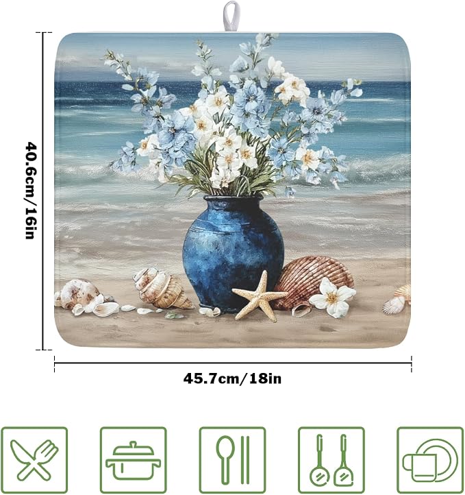 Summer Beach Dish Drying Mat for Kitchen Counter Nautical Coastal Blue Ocean - Image 2