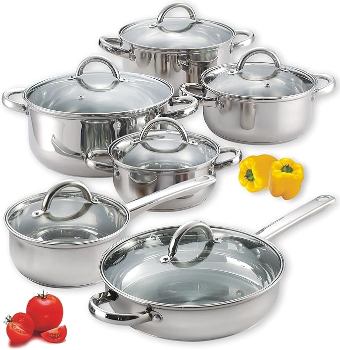 Cook N Home Kitchen Cookware Sets, 12-Piece Basic Stainless Steel Pots and Pans by CookNHome