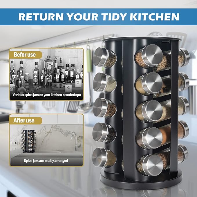 Tianifa Black Countertop Revolving Spice Rack, Empty 20-Jars Rotating Spice - Image 3