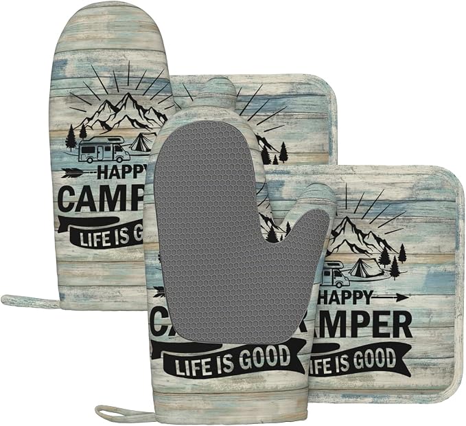 Happy Camper Oven Mitts and Pot Holders Sets of 4, Resistant Hot Pads by Nelife
