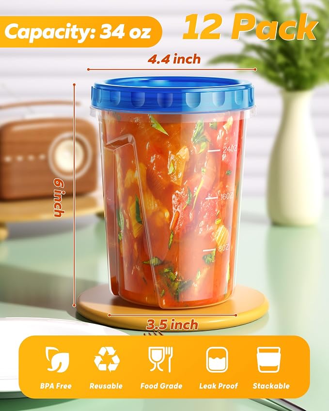BiuLeon 12 Pack-34 oz Freezer Storage Containers, Plastic Food Storage - Image 2
