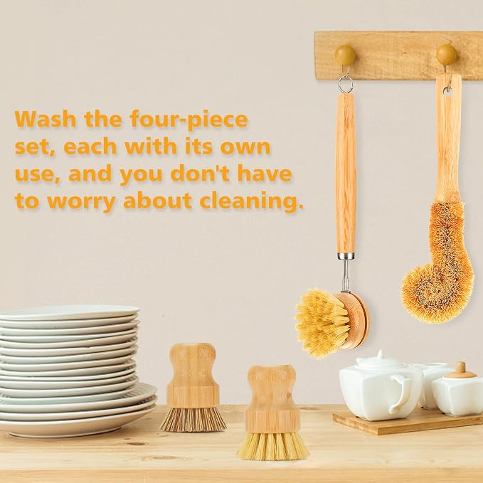 SAMEBUTECO Bamboo Dish Brushes Sets 4 Tools in One Kitchen Clean Dish Scrubber - Image 5