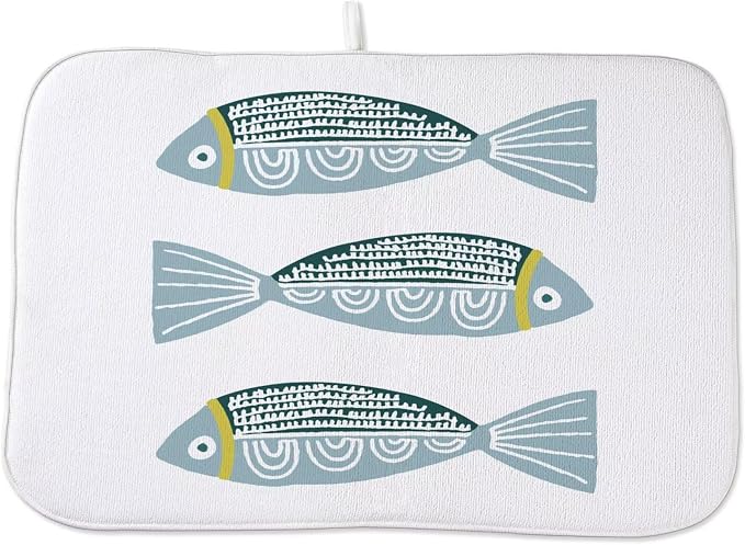 Coastal Dish Drying Mat 18 x 24 inch Beach Blue Fish Print Decorative Drying by AEIOAE