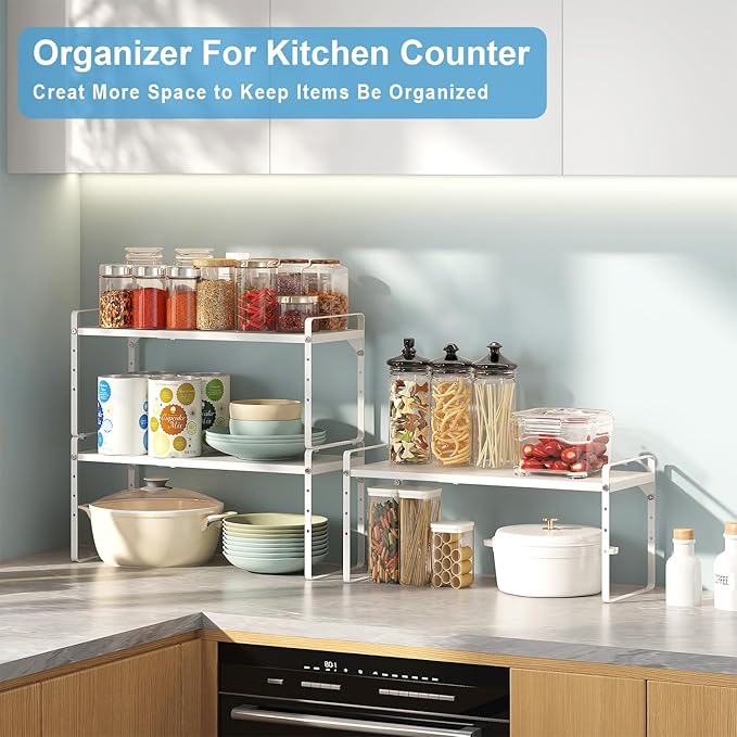 Set of 2 Expandable Cabinet Shelf Organizer, Stackable Kitchen Countertop - Image 7
