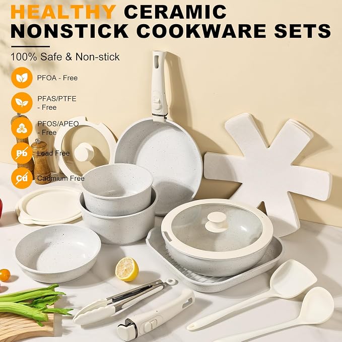 Pots and Pans Set Non Stick 20PCS, Ceramic Cookware Set Detachable Handle Non - Image 2
