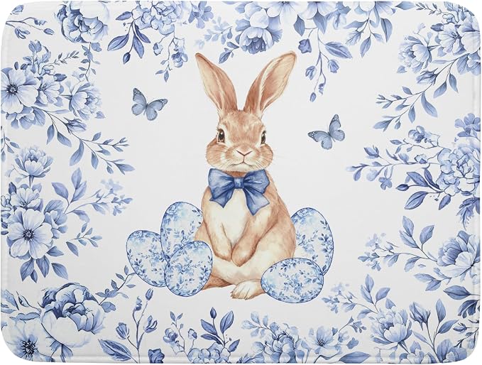 Easter Large Dish Drying Mat Blue Flower Rabbit Holiday Decorative Kitchen by Giwawa