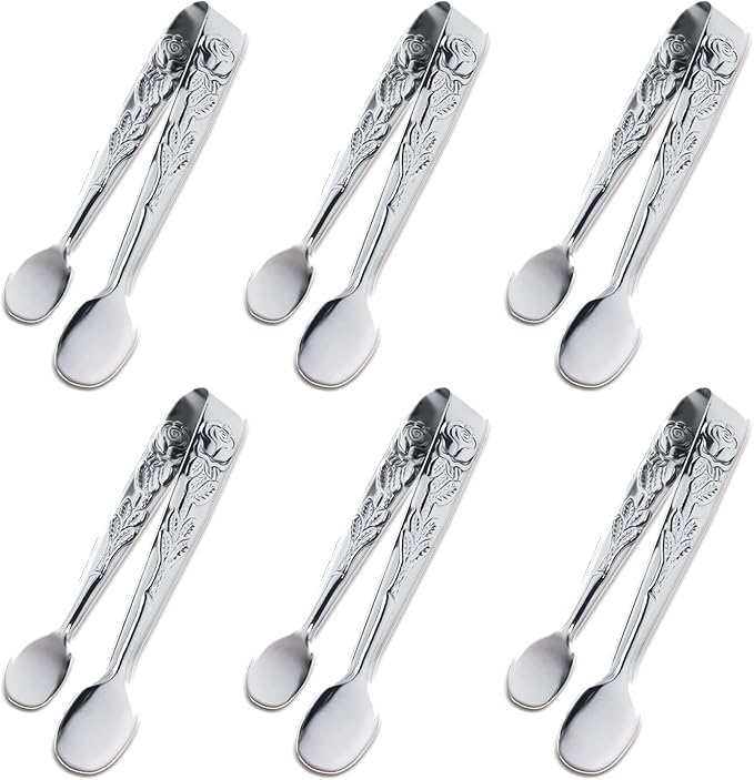 6PCS Mini Serving Tongs, 4Inch Rose Stainless Steel Sugar Cube Tongs, Sliver by Sunenlyst