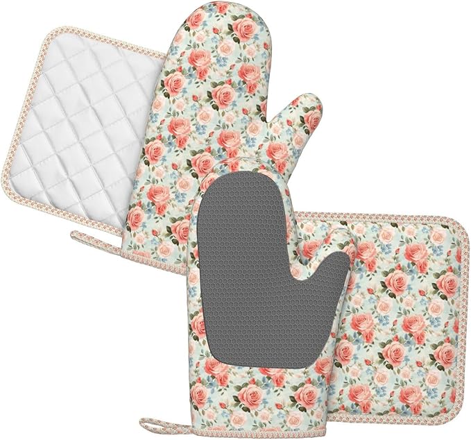 Oven Mitts and Pot Holders Rose Flower Vintage Botanical Silicone Kitchen - Image 2