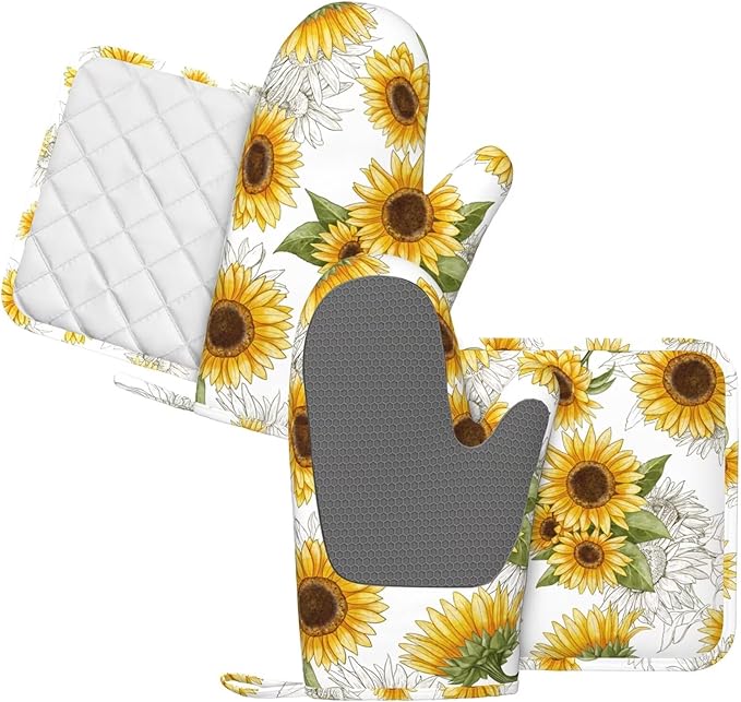 Yellow Sunflower Oven Mitts Pot Holders Set Silicone Heat Resistant Sunflowers - Image 2