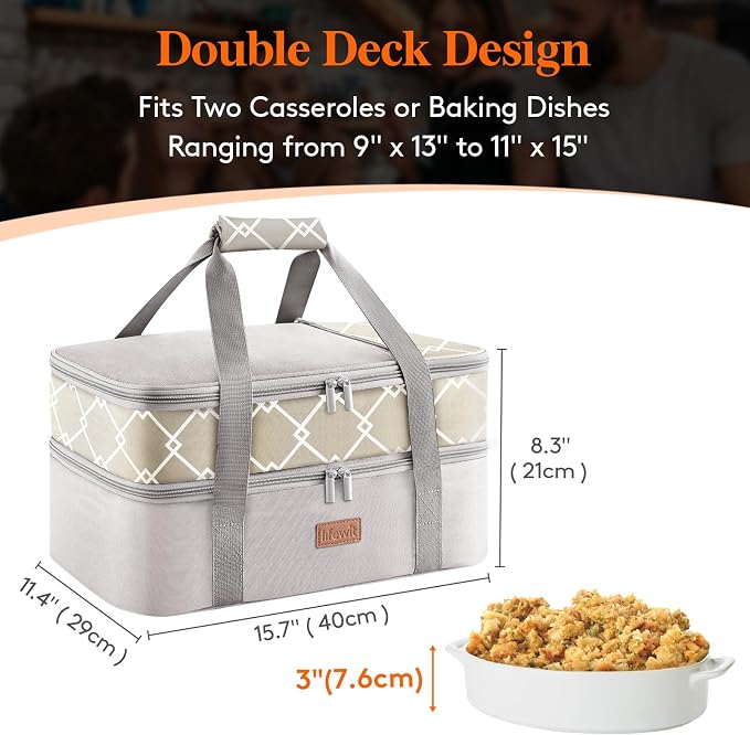 Lifewit Insulated Double Decker Casserole Carrier, Lasagna Lugger Holder - Image 2