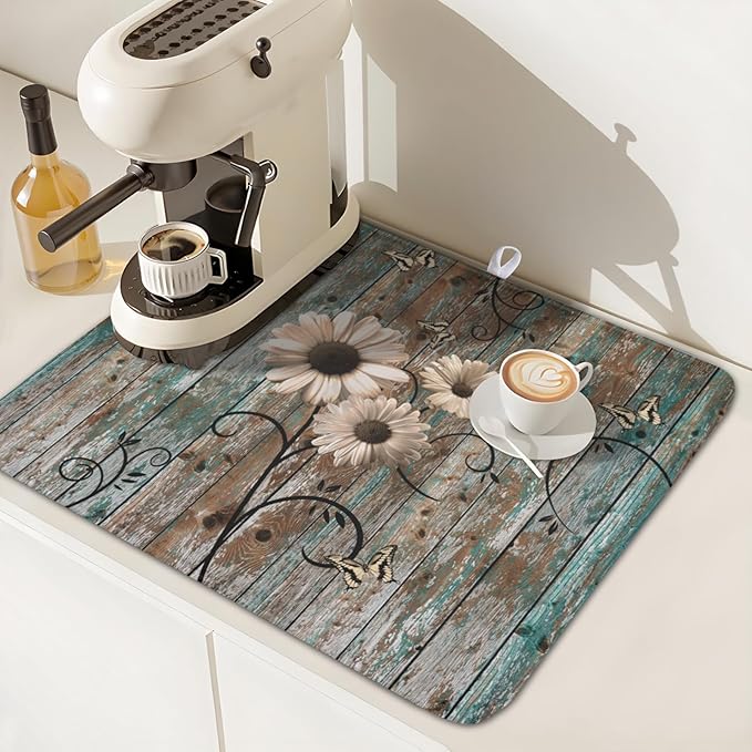 Dish Drying Mat for Kitchen Counter 16 x 18 Inch Rustic Vintage Daisy Floral - Image 7