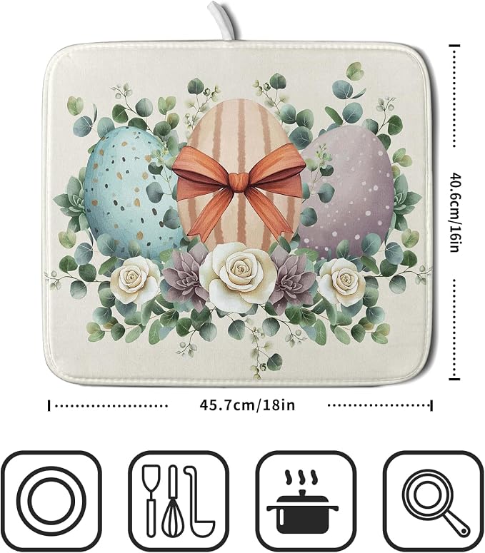 Happy Easter Eggs Dish Drying Mat 16x18 Inch Easter Day Eggs Flowers Dishes Pad - Image 2