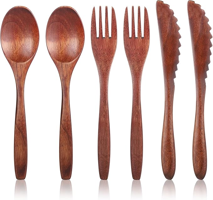 6 Pcs Wooden Utensils for Eating, Wooden Spoon Fork Cutlery Set Kitchen Wood by Unknown