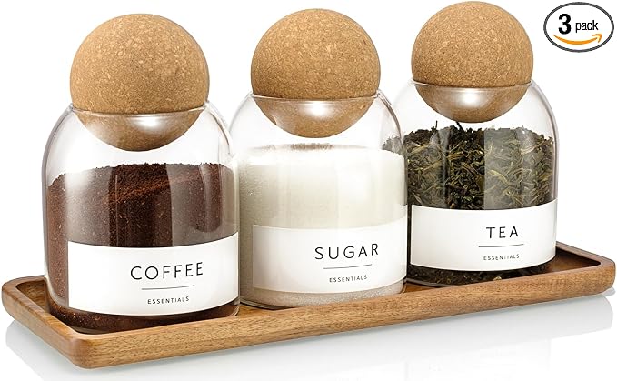 Glass Jars with Cork Lids, 3 Pack Small Decorative Jars with Acacia Tray by GENSTEUO