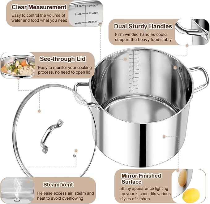 P&P CHEF 24 QT Stock Pot with Lid, Stainless Steel Large Cooking Pot, Soup - Image 3
