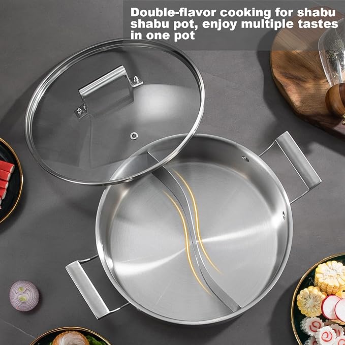 Delarlo 6.8QT Tri-Ply Stainless Steel Double-flavor Shabu Shabu Pot 12 inch - Image 3