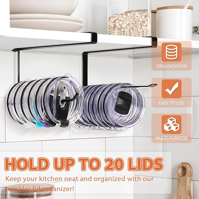 2 Pack Tumbler Lid Organizer, Horizontal Tumbler Lid Storage Hook Up to 20 Lids - Image 2