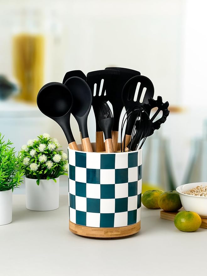 LoeJan 3 Compartment Utensil Holder, Extra Large Utensil Crock, Stable Ceramic - Image 3