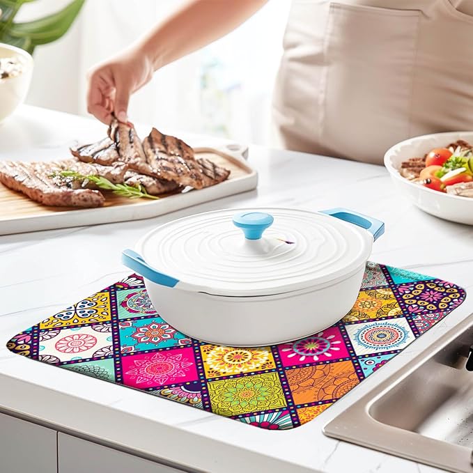 Plaid Floral Large Dish Drying Mats, Reversible Boho Dish Drying Pads - Image 5