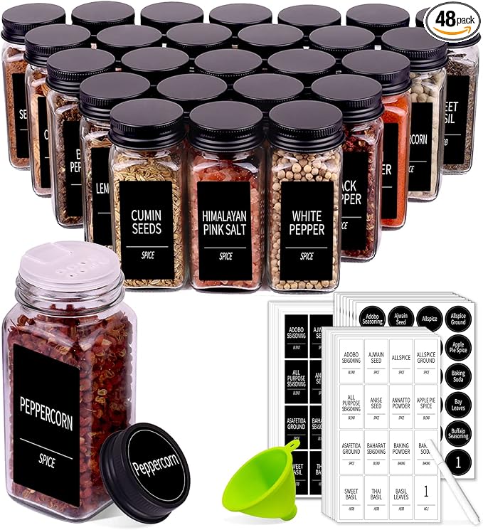 Churboro 48 Spice Jars with 547 Labels- Glass Spice Jars with Black Metal Caps by Churboro