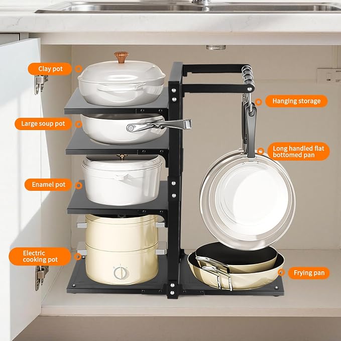 4-Tier Pot and Pan Organizer Rack, Adjustable Kitchen Cabinet Storage - Image 5