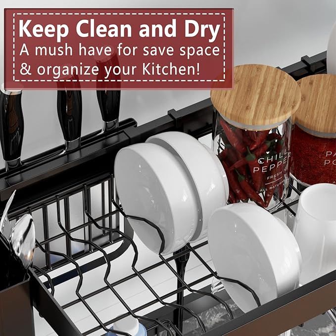 VNKZI Over Sink Dish Drying Rack, 2 Tier Full Stainless Steel Storage - Image 5