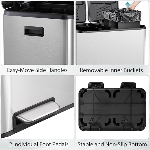 SUPER DEAL Kitchen Trash Can 16 Gallon 60L Dual Stainless Steel Garbage and - Image 4