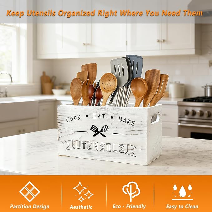 Large and Durable Retro White Wooden Kitchen Utensil Holder - Image 4